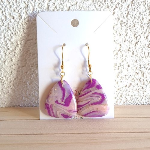 Boucles d'oreille femme en pâte polymère et acier inoxydable effet marbre violine dore