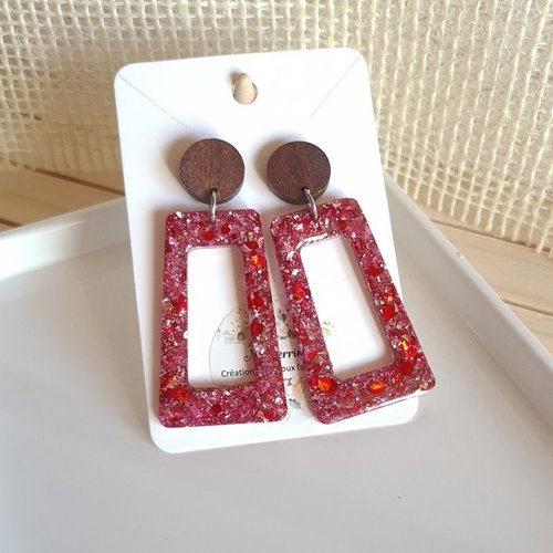 Boucles d'oreille rectangle femme résine rouge et feuille d argent