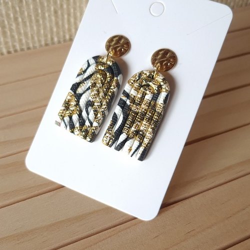 Boucles d'oreille femme en pâte polymère et acier inoxydable blanc noir dore