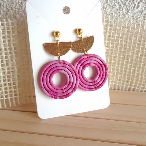 Boucles d'oreille femme en pâte polymère et acier inoxydable fuchsia rose