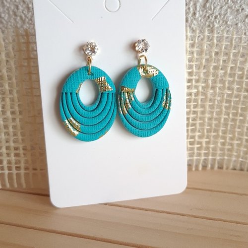 Boucles d'oreille femme en pâte polymère et acier inoxydable bleu doré