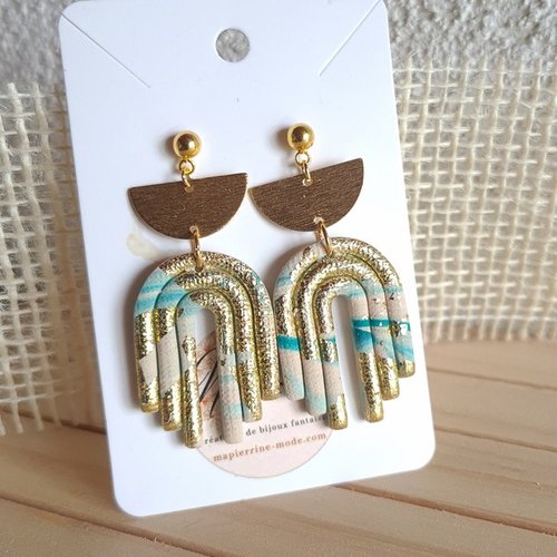 Boucles d'oreille femme en pâte polymère et acier inoxydable marbré doré turquoise crème