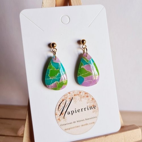Boucles d’oreilles en pâte polymère bijoux faits main en france acier inoxydable  mapierrine marbré vert turquoise mauve
