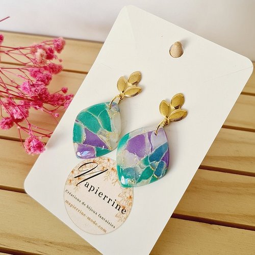 Boucles d’oreilles en pâte polymère bijoux faits main en france acier inoxydable  mapierrine marbré translucide b