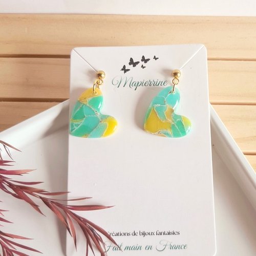 Boucles d’oreille en pâte polymère pastel feuilles dorées acier inoxydable fait main en france collection pastel paradisiaque cœ