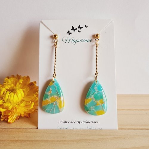 Boucles d'oreilles pendantes turquoise jaune orange fait main mapierrine - pastel paradisiaque