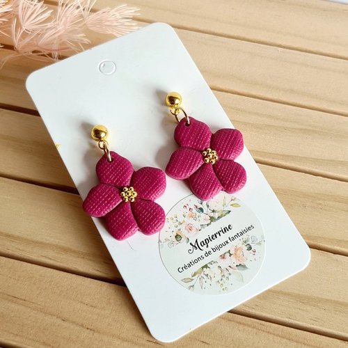 Boucles d'oreilles fleur pourpre pâte polymère fait main france mapierrine collection pourpre acier inox doré