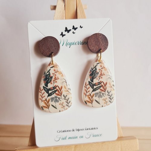 Boucles d'oreilles feuillage en pâte polymère et bois fait main par mapierrine collection feuillage b