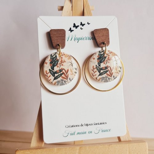 Boucles d'oreilles feuillage en pâte polymère et bois fait main par mapierrine collection feuillage c