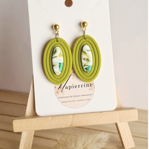Boucles d'oreilles vertes ovales polymère acier inoxydable artisanales mapierrine france