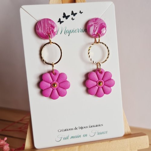 Boucles d’oreilles fleurs rose chiné pâte polymère, acier inoxydable doré fait main france mapierrine chiné rose