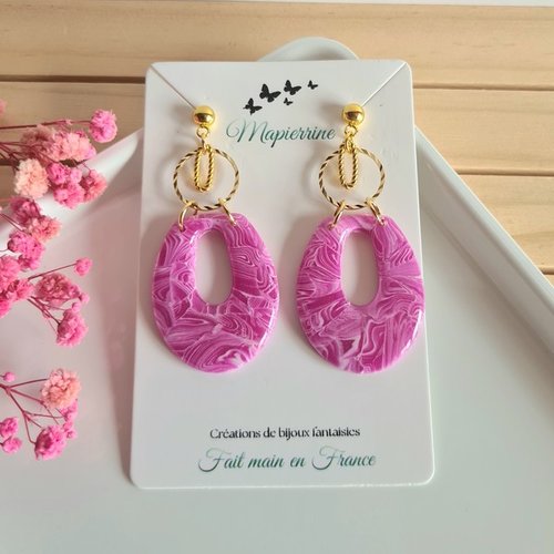 Boucles d’oreilles en pâte polymère rose chiné bijoux faits main en france acier inoxydable collection chiné rose mapierrine