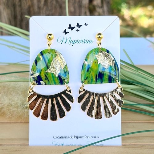 Boucles d’oreille artisanales en pâte polymère vert bleu et or – mapierrine a