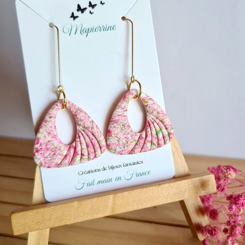 Boucles d’oreille en pâte polymère chine rose vert fait main en france