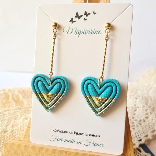 Boucles d’oreille cœur bleu et doré en pâte polymère