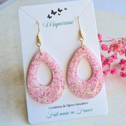 Boucles d’oreilles goutte fleuries roses en pâte polymère résinée liberty rose