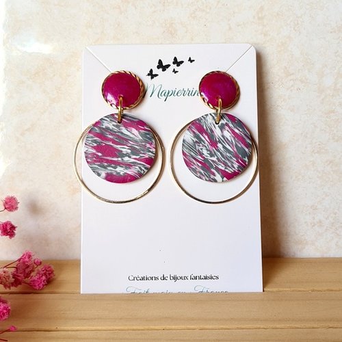 Boucles d’oreille en pâte polymère chiné gris fuchsia attache résine nacrée acier inoxydable