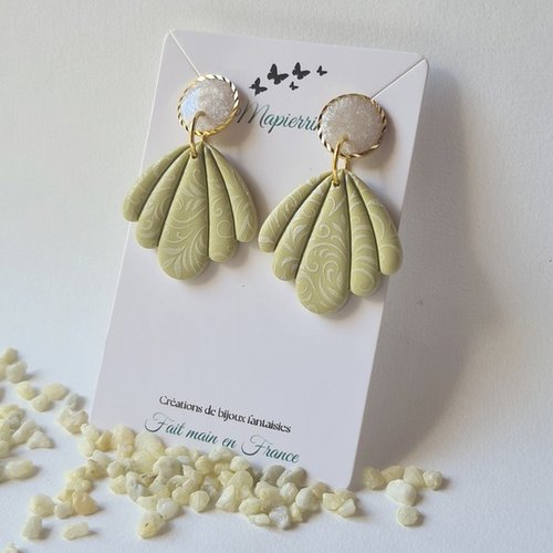 Boucles d’oreille  en pâte polymère résine nacrée acier inoxydable eventail amande