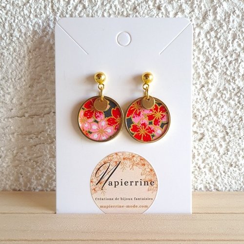 Boucles d'oreille papier whashi et acier inoxydable fleuri rouge dore