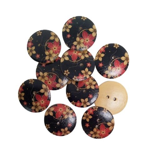 8 boutons ronds bois couture, scrapbooking 2.5 cm fleur rouge fond noir