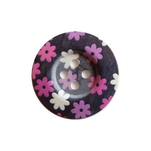 2 boutons ronds bois fantaisis couture scrapbooking 5 cm fleuri noir