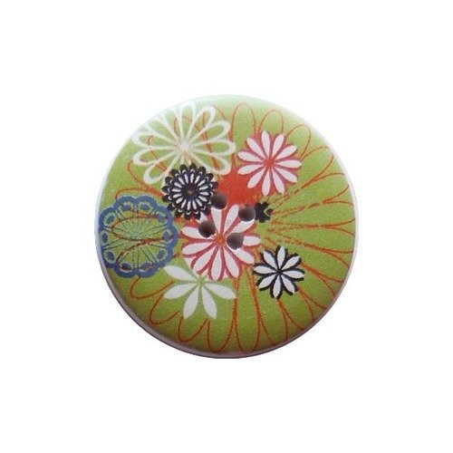 2 boutons ronds bois fantaisis couture scrapbooking 4 cm fleuri vert