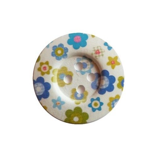 2 boutons ronds bois fantaisis couture scrapbooking 5 cm fleuri fond blanc