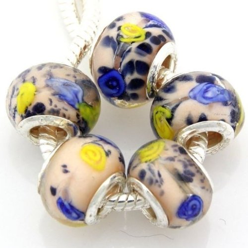 2 perles lampwork verre façon pandora 1.4 cm jaune bleu
