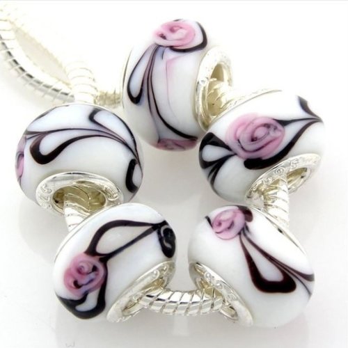 2 perles lampwork verre façon pandora 1.4 cm blanc fleur rose