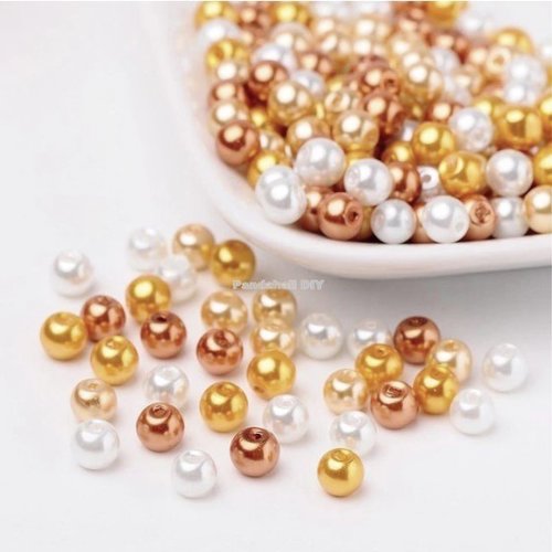Perles ronde de verre nacré 8 mm en mélange fabrication bijoux blanc cuivre dore