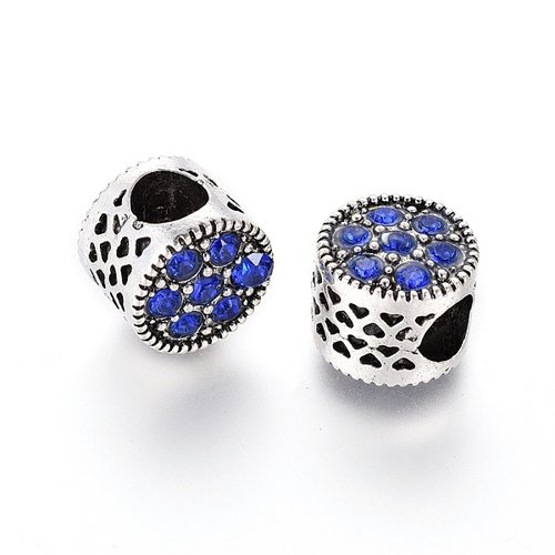 4 perles européenne charm métal strass argenté strass bleu
