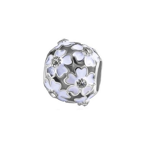1 perle européenne charm métal émaillé strass argenté fleur