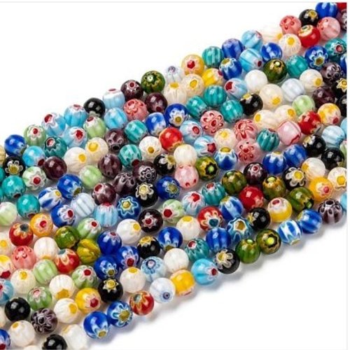 Fil de perles de verre rondes 6 / 8 mm millefiori assorties r004 81