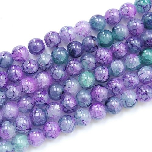 Fil de 98 perles ronde en verre craquelé fabrication bijoux violet vert