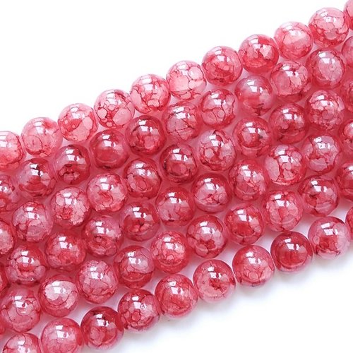 Fil de 98 perles ronde en verre craquelé fabrication bijoux rouge