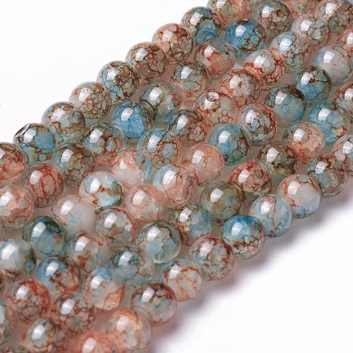 Fil de 98 perles ronde en verre craquelé fabrication bijoux marron bleu