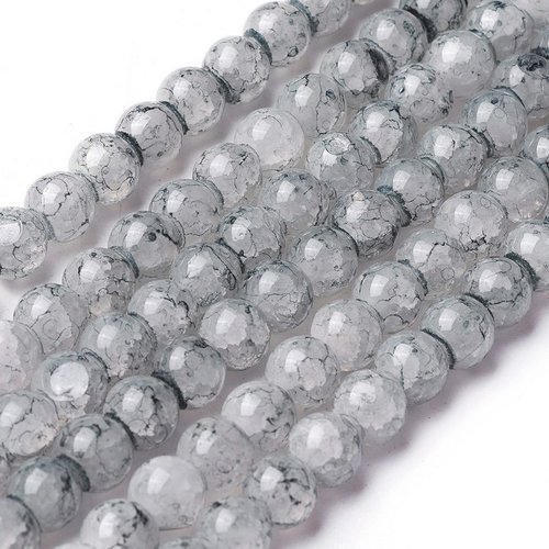Fil de 98 perles ronde en verre craquelé fabrication bijoux gris