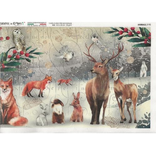 1 feuille de papier de riz 22,5 x 32 cm découpage collage paper designs animaux hiver 0192