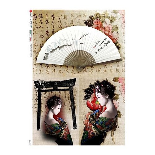 1 feuille de papier de riz 22,5 x 32 cm découpage collage paper designs asie geisha eventail 0087