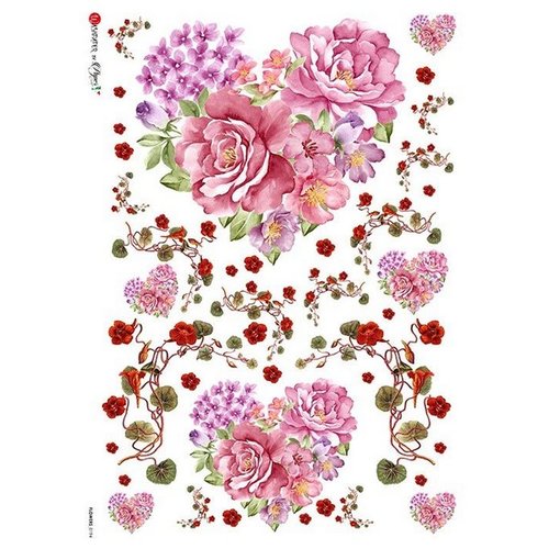 1 feuille de papier de riz 22,5 x 32 cm découpage collage paper designs coeur de roses 0194
