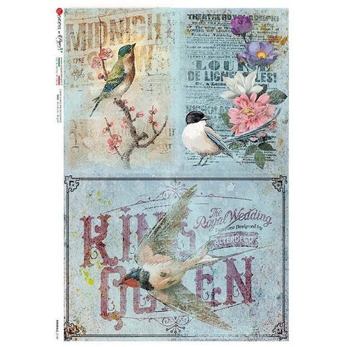 1 feuille de papier de riz 22,5 x 32 cm découpage collage paper designs oiseau vintage 0140