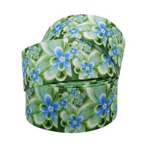1 m de ruban gros grain imprimé 2.5 cm couture scrapbooking fleur bleu fond vert