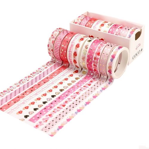 10 washi masking tape ruban adhésif décoration assorties avec dorure 8 mm x 1.5 m blanc rose coco11