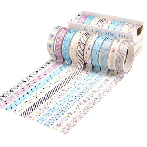 10 washi masking tape ruban adhésif décoration assorties avec dorure 8 mm x 1.5 m blanc bleu f0025