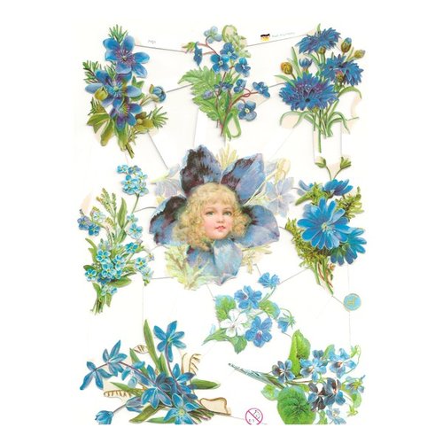 1 feuille chromos image relief collage découpage fleur bleu enfant 7101