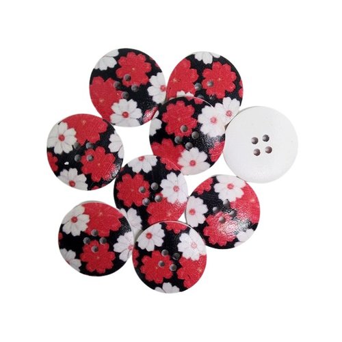 8 boutons ronds bois couture, scrapbooking 2.5 cm fleur rouge blanc fond noir