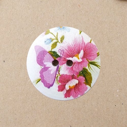 4 boutons rond en bois peint scrapbooking 3 cm fleur rose papillon
