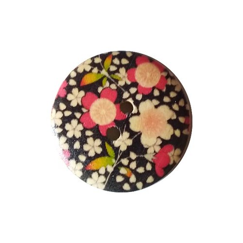 4 boutons rond en bois peint scrapbooking 3 cm fleur fond noir