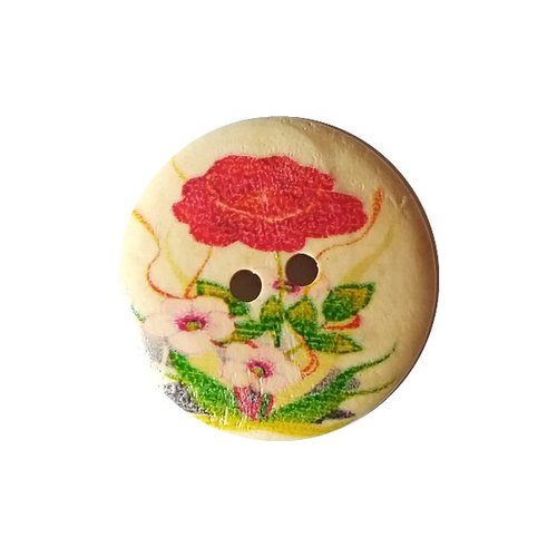 4 boutons rond en bois peint scrapbooking 3 cm fleur rouge feuillage