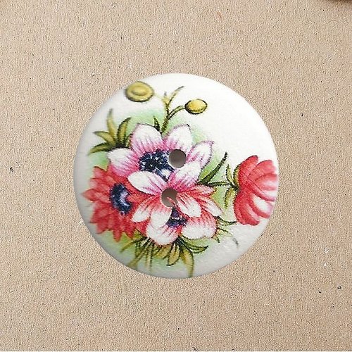 4 boutons rond en bois peint scrapbooking 3 cm fleur rouge rose feuillage